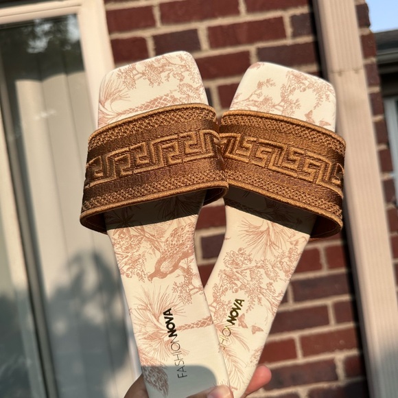Fashion Nova Shoes - Fashion Nova Brown and Cream Slide Sandals with Greek Key Design